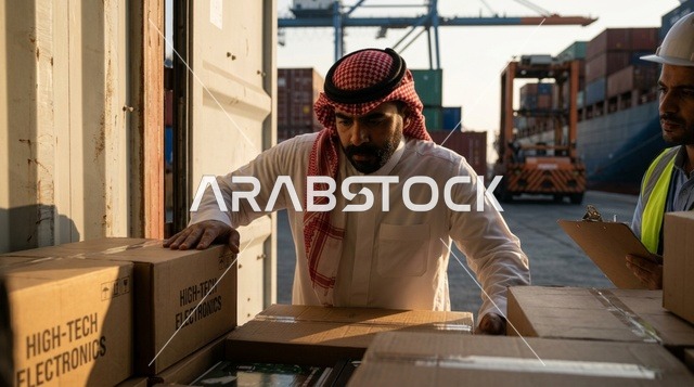 Saudi Port Worker Inspecting Cargo Box at Harbor Container