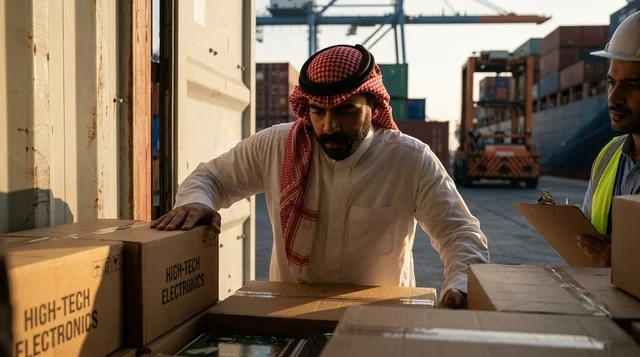 Saudi Port Worker Inspecting Cargo Box at Harbor Container