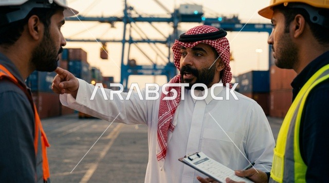 Saudi Port Manager Instructing Workers at Cargo Harbor