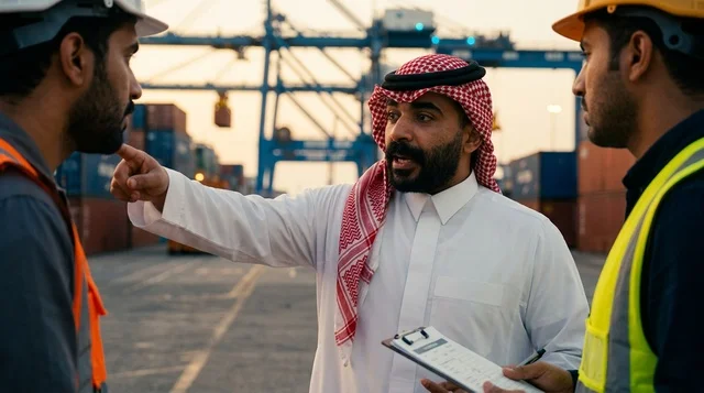 Saudi Port Manager Instructing Workers at Cargo Harbor