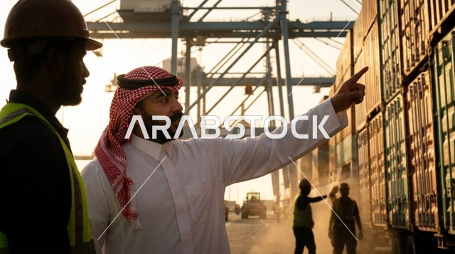 رجل أعمال عربي مع عامل في ميناء الشحن والتصدير