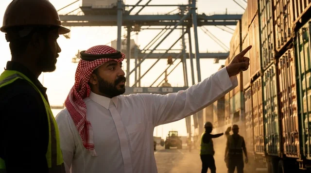 Arab Businessman with Worker at Shipping Port