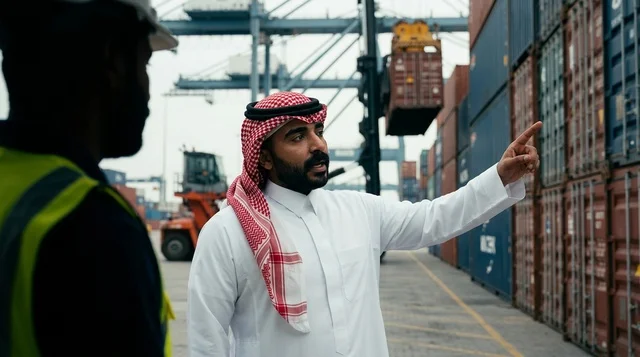 Saudi Businessman At Shipping Port Container Yard