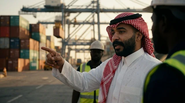 Saudi Businessman at Cargo Shipping Port Terminal