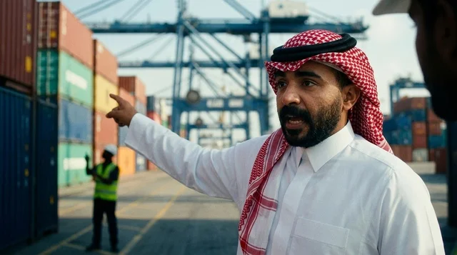 Saudi Businessman Pointing at Cargo Shipping Port