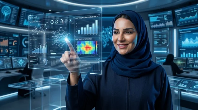 امرأة عربية تستخدم شاشة هولوغرام رقمية في غرفة التحكم