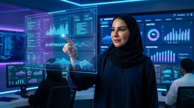 امرأة عربية تتفاعل مع هولوغرام في غرفة تحكم تقنية امرأة عربية تتفاعل مع هولوغرام في غرفة تحكم تقنية