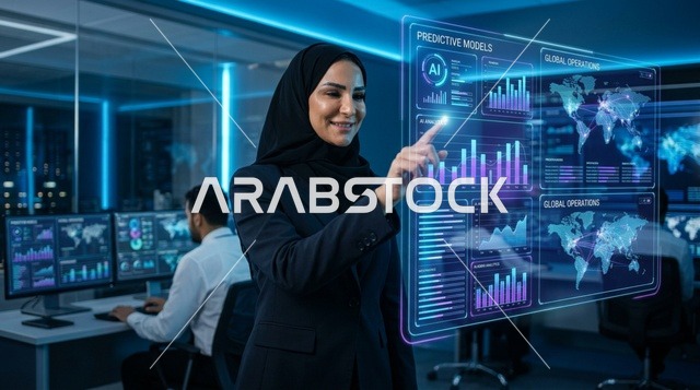 سيدة أعمال عربية تستخدم شاشة هولوغرام ذكية في مركز تحكم