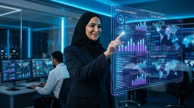 Arab Woman Using Holographic Data Screen in Tech Office