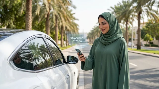Saudi Arab Woman Unlocking Car with Smartphone App