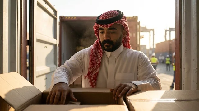 رجل أعمال سعودي يتفحص صناديق الشحن وحاويات الميناء