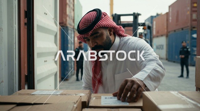 Saudi Man Inspecting Cargo Packages at Shipping Port