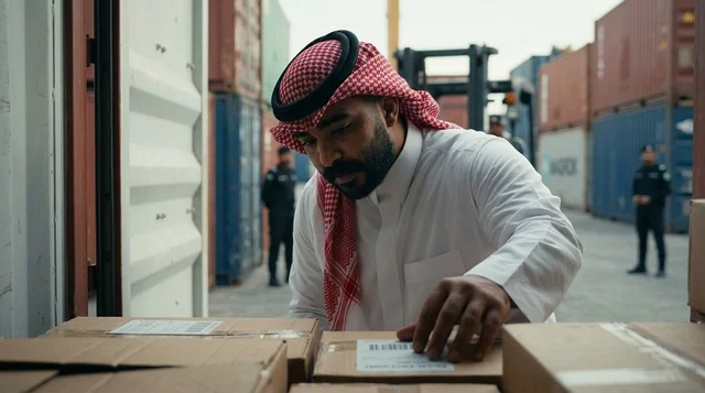 Saudi Man Inspecting Cargo Packages at Shipping Port
