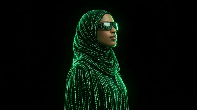 Cyberpunk Muslim Woman with Binary Code Projection