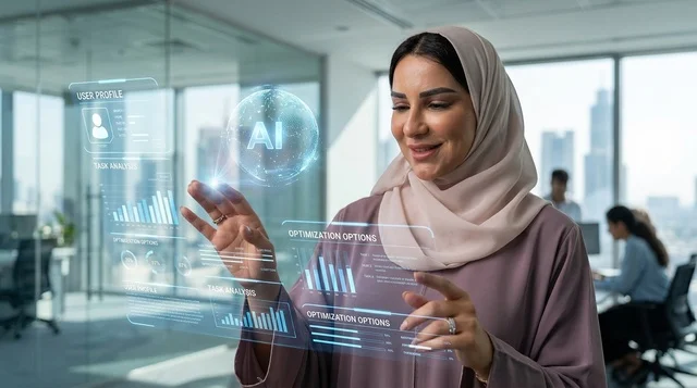 Arab Woman Interacting with AI Hologram in Modern Office