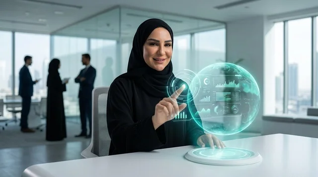 سيدة أعمال عربية تستخدم تقنية الهولوغرام في المكتب