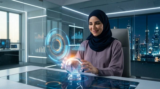 Arab Woman in Futuristic Office Working with Digitization