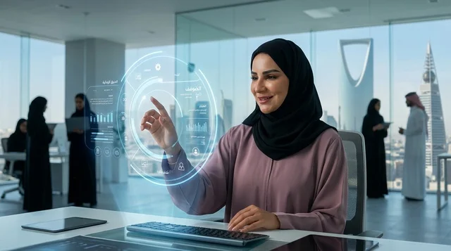Saudi Businesswoman Using Hologram in Riyadh Office