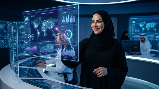 امرأة عربية تتفاعل مع شاشة هولوغرام ذكاء اصطناعي