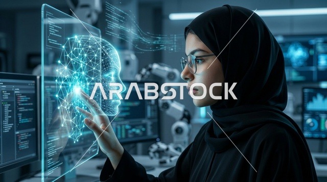 عالمة عربية تتفاعل مع هولوغرام ذكاء اصطناعي في مختبر