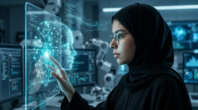 Arab Female Scientist Interacting With AI Hologram