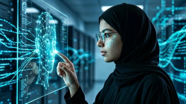 Arab Woman Interacting with Biometric Facial Recognition