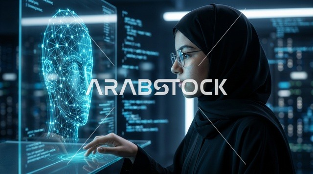 مبرمجة عربية بالحجاب تتفاعل مع واجهة ذكاء اصطناعي رقمية