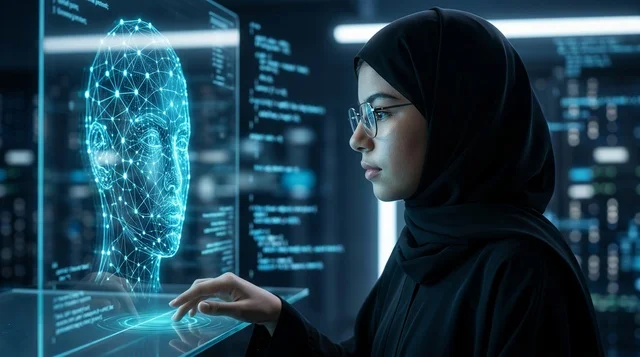 مبرمجة عربية بالحجاب تتفاعل مع واجهة ذكاء اصطناعي رقمية