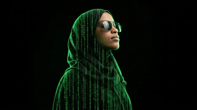 امرأة عربية محجبة مع رموز مصفوفة برمجية رقمية