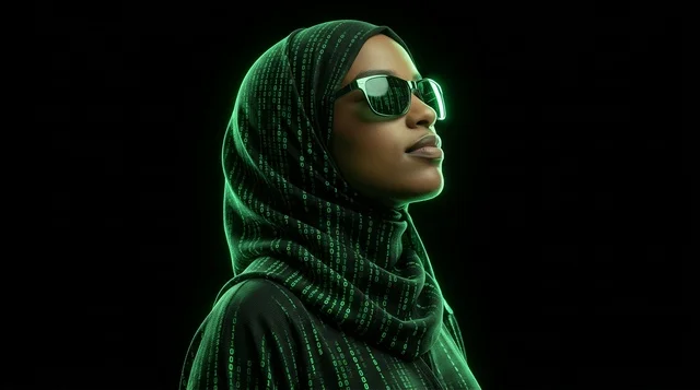 Muslim Woman in Hijab with Green Binary Code Matrix