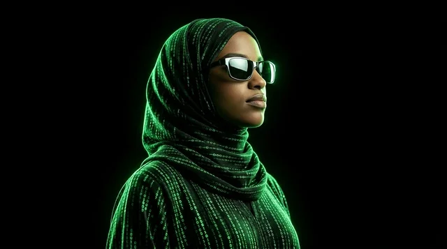 Arab Woman in Hijab wearing Green Matrix Cyber Code