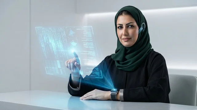 امرأة عربية تتفاعل مع هولوغرام ساعة ذكية في المكتب