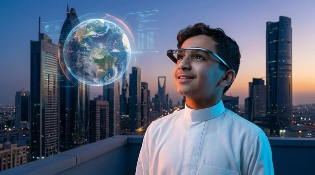 فتى سعودي يرتدي نظارات ذكية فوق أفق مدينة الرياض