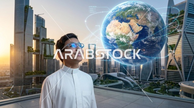 طفل سعودي ينظر إلى مجسم هولوغرام أرضي في أفق الرياض