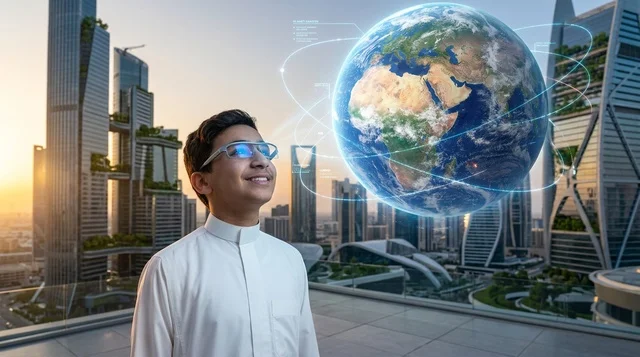 طفل سعودي ينظر إلى مجسم هولوغرام أرضي في أفق الرياض
