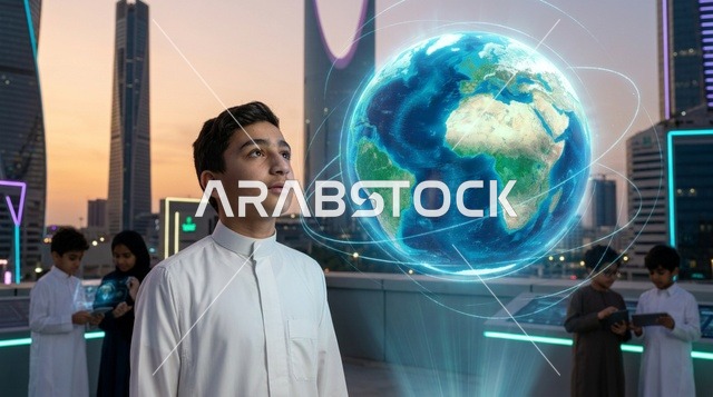 فتى سعودي ينظر إلى مجسم كرة أرضية رقمي بالرياض