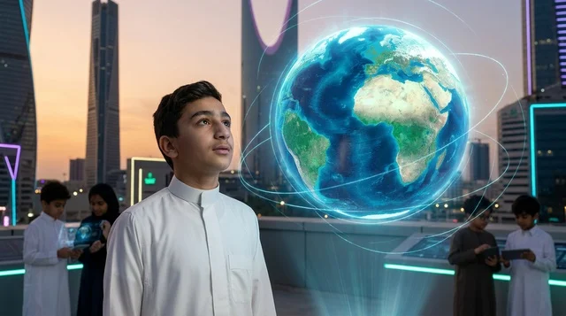 Saudi Boy Looking at Holographic Globe in Riyadh