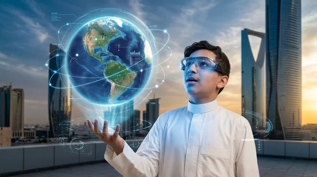 شاب سعودي مع هولوغرام الكرة الأرضية في أفق الرياض