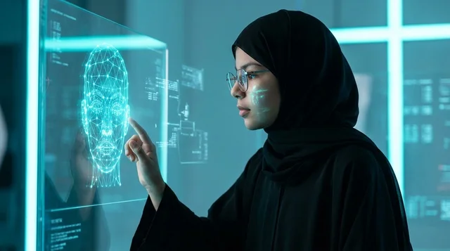 Arab Woman Interacting with Biometric Face Scan Screen