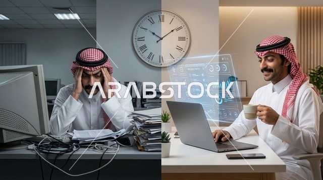 Saudi Businessman Digital Transformation Split Screen