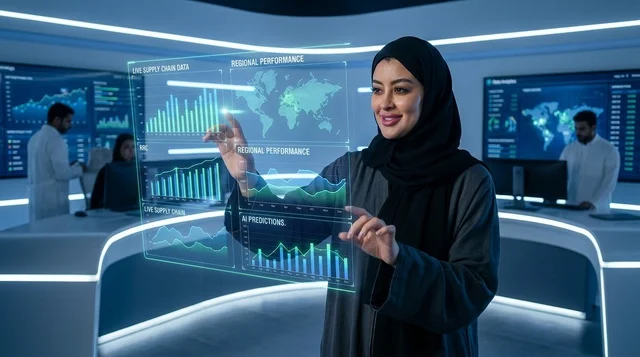 سيدة أعمال سعودية تتفاعل مع شاشة هولوغرام تفاعلية