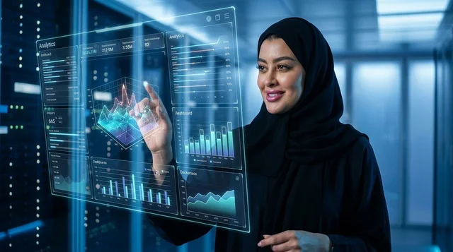 An Arab woman interacts with a digital hologram screen in the laboratory.