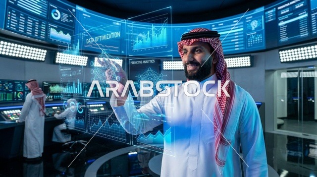 رجل أعمال سعودي يستخدم شاشة هولوغرام في مركز تحكم