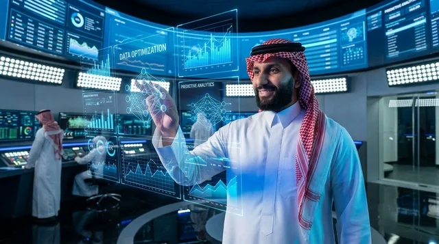 رجل أعمال سعودي يستخدم شاشة هولوغرام في مركز تحكم