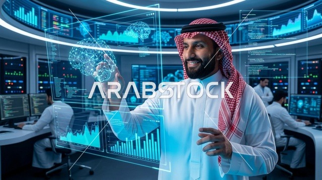 رجل سعودي يتفاعل مع شاشة هولوغرام في مركز بيانات حديث