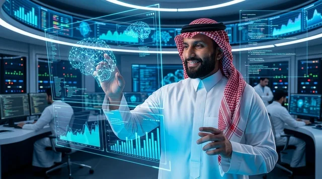 رجل سعودي يتفاعل مع شاشة هولوغرام في مركز بيانات حديث