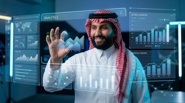 رجل أعمال سعودي يتفاعل مع شاشة بيانات رقمية هولوغرام