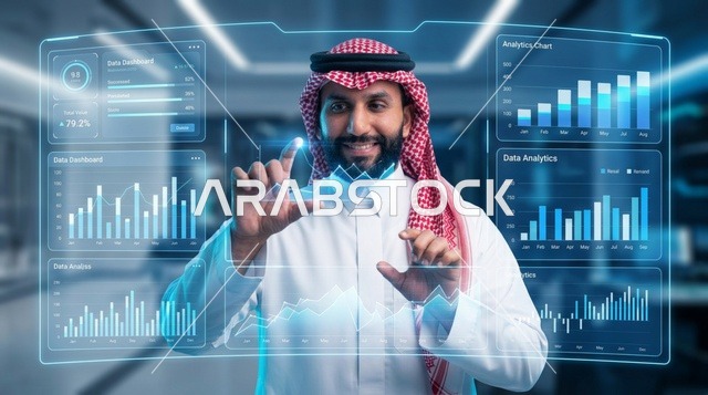 رجل أعمال سعودي يتفاعل مع شاشة تحليلات رقمية مستقبلية