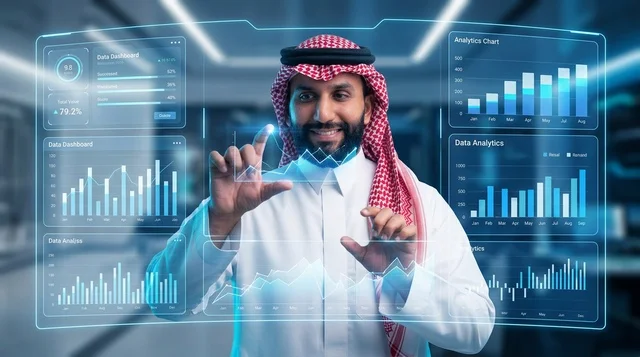 رجل أعمال سعودي يتفاعل مع شاشة تحليلات رقمية مستقبلية