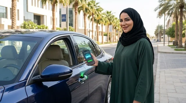 Arab Woman Unlocks Blue Smart Car with Smartphone